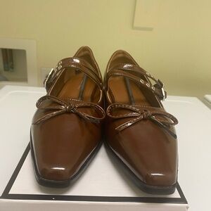 Patent Brown Mary Jane Flats with Bow Accent